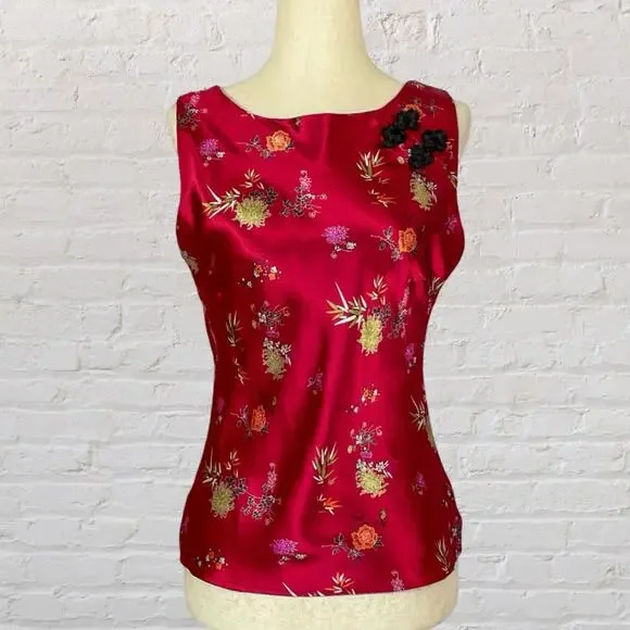 Vintage 90s Charlotte Russe Red Satin Floral Top Mandarin Collar - Picture 1 of 7